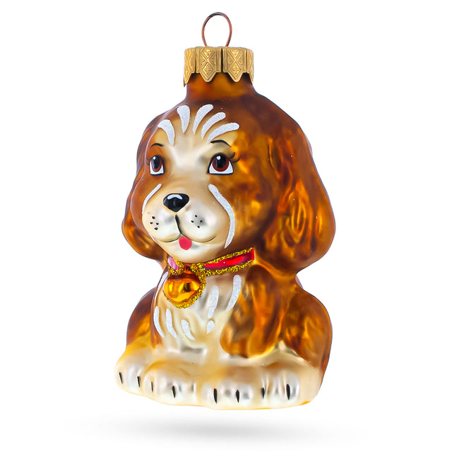 Puppy with Heart on Collar Glass Christmas Ornament in Brown color,  shape
