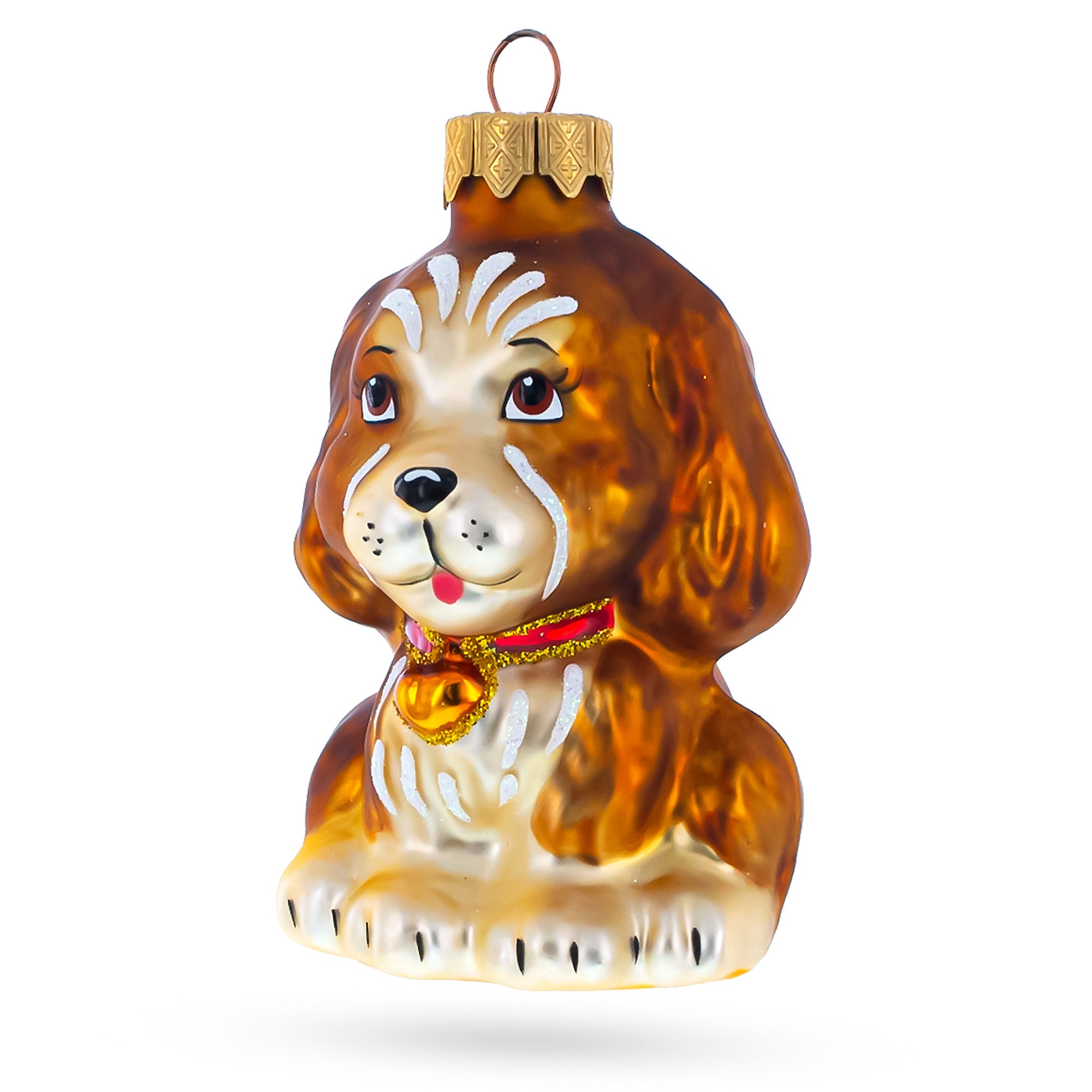 Spaniel with Heart on Collar Glass Christmas Ornament in Brown color Figurine