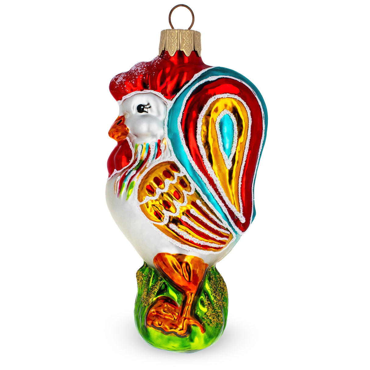 Glass Vibrant and Colorful Rooster Glass Christmas Ornament in Red color