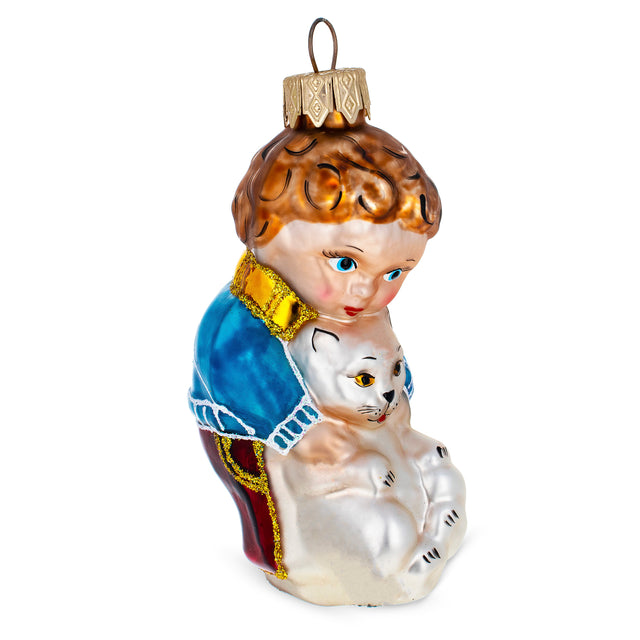 Boy Petting Cat Glass Christmas Ornament in Silver color