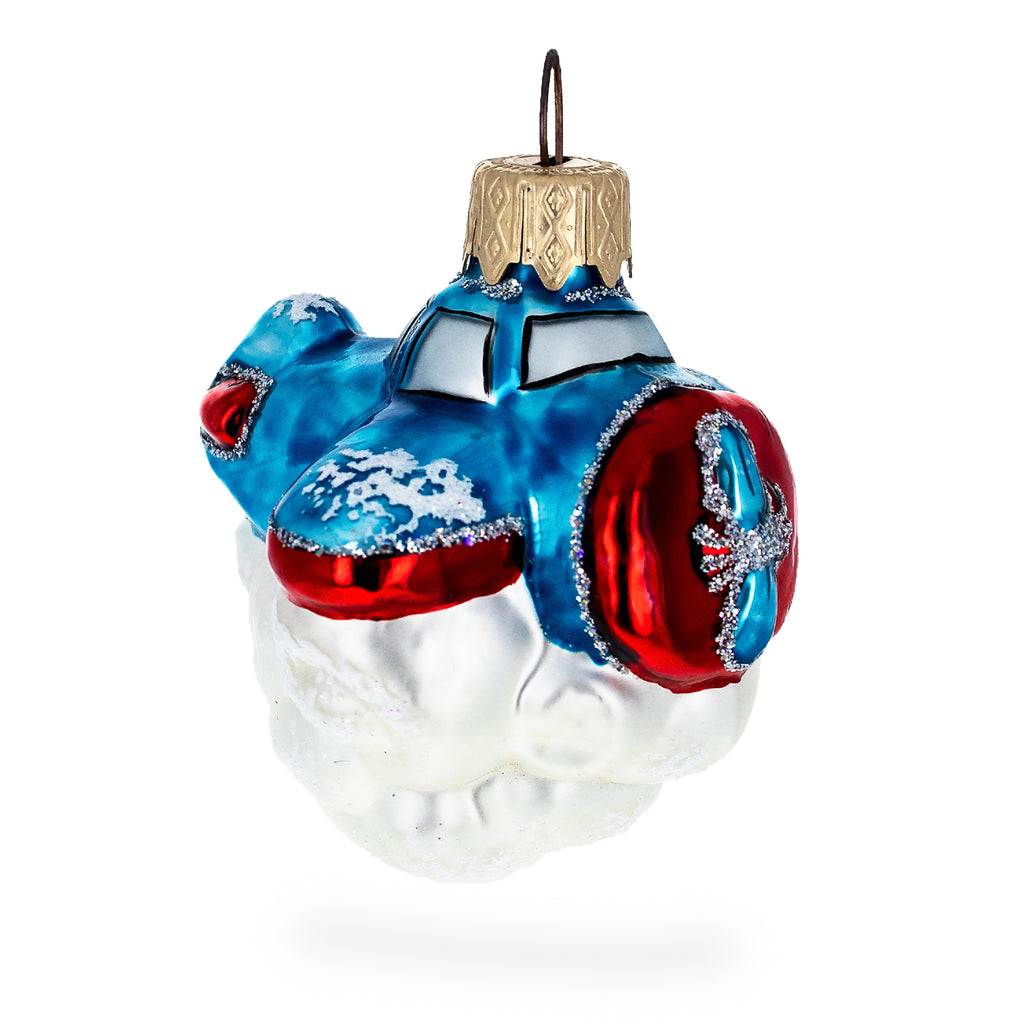 Tractor Style Aircraft Flying Above Clouds Mini Glass Christmas Ornament in Blue color Figurine