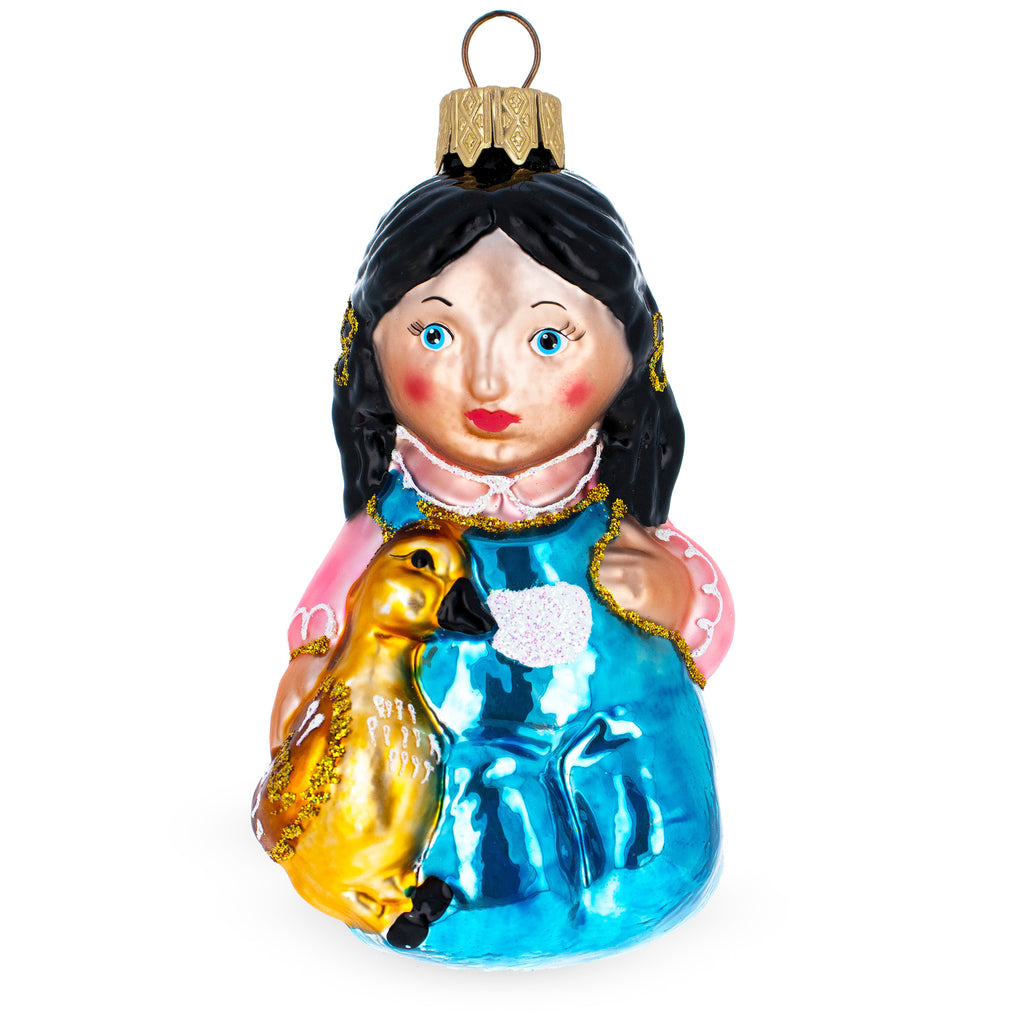 Girl Hugging Yellow Duck Glass Christmas Ornament in Blue color Figurine