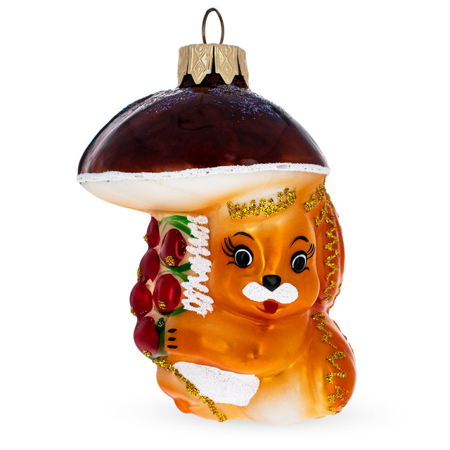 Glass Squirrel Under Mushroom Glass Christmas Ornament in Orange color