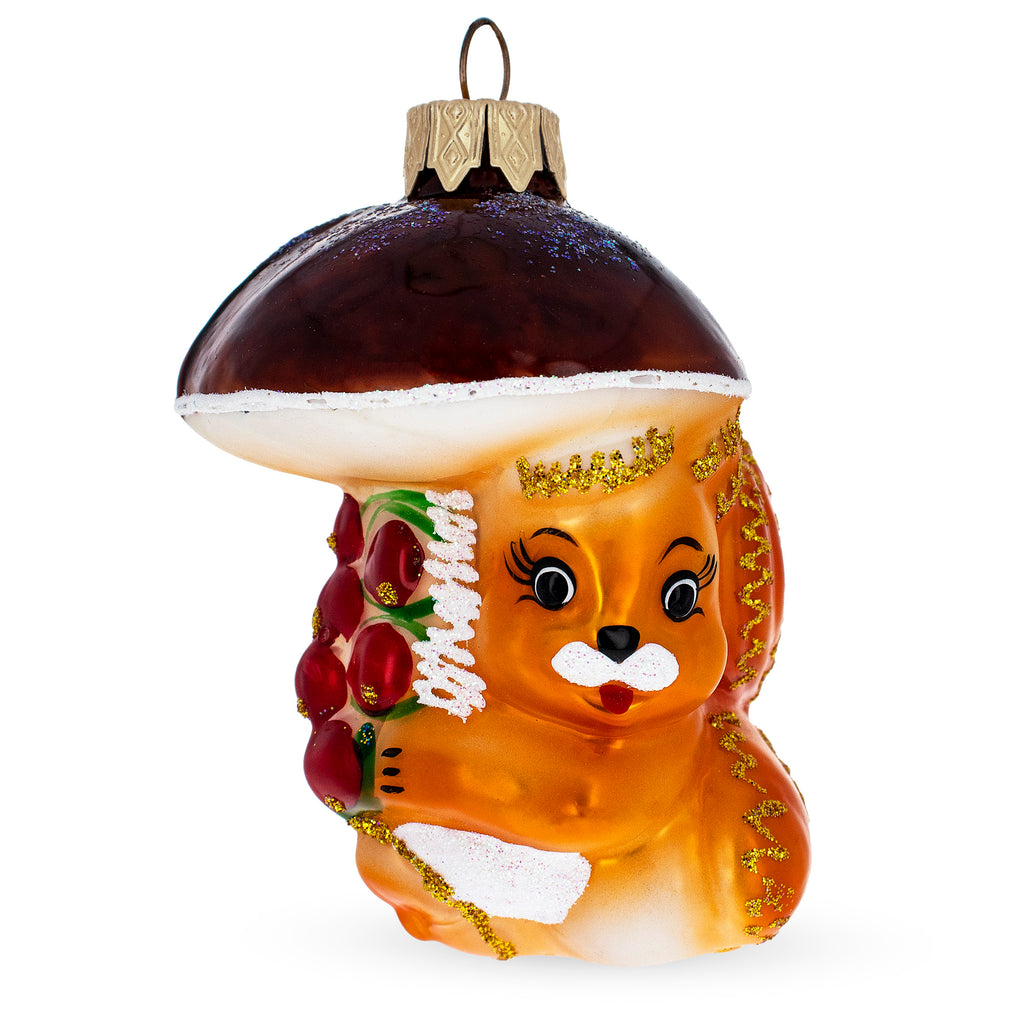 Squirrel Under Mushroom Glass Christmas Ornament in Orange color,  shape