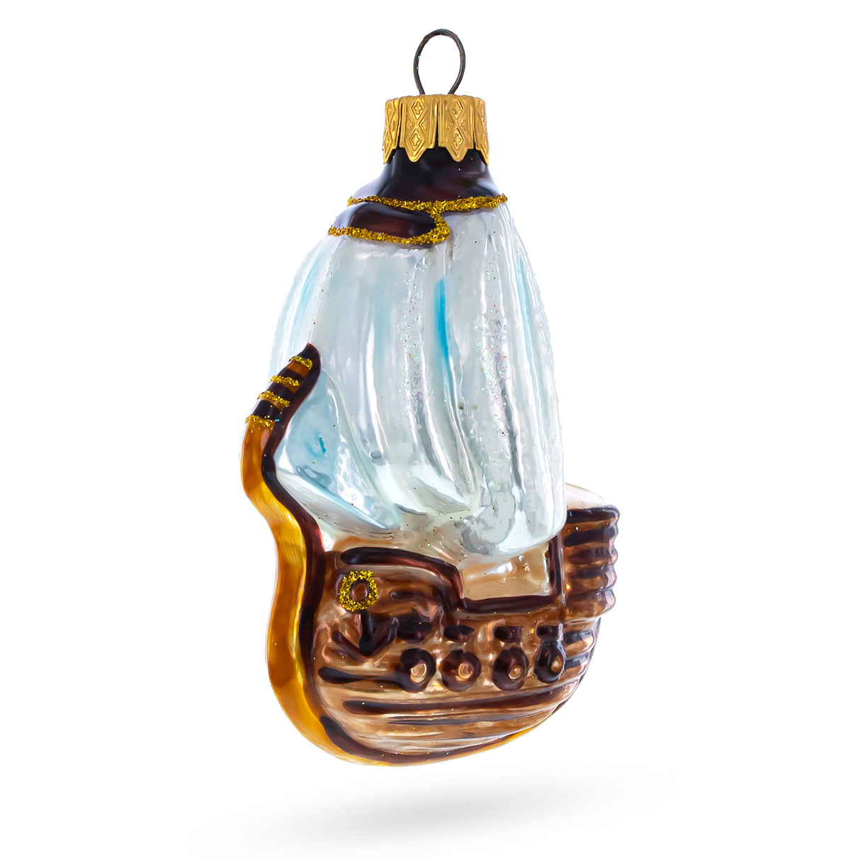 White Sail Tall Ship Glass Christmas Ornament in Multi color,  shape