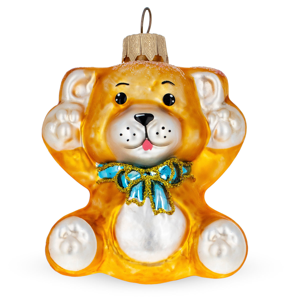 Teddy Bear with Blue Bow Glass Christmas Ornament in Gold color,  shape