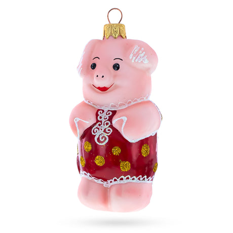 Pig Wearing Red Dress Glass Christmas Ornament in Pink color,  shape