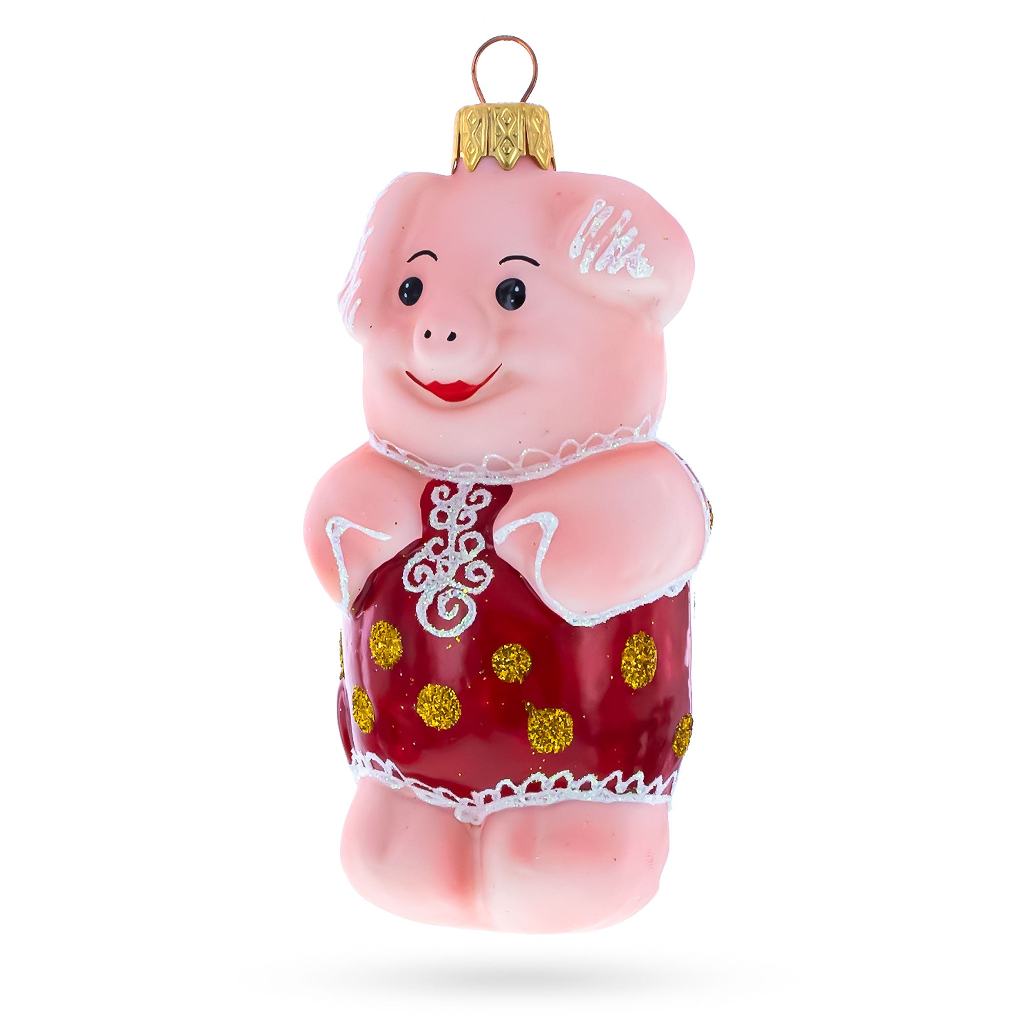 Piglet in Polka Dot Outfit Glass Christmas Ornament in Pink color Figurine