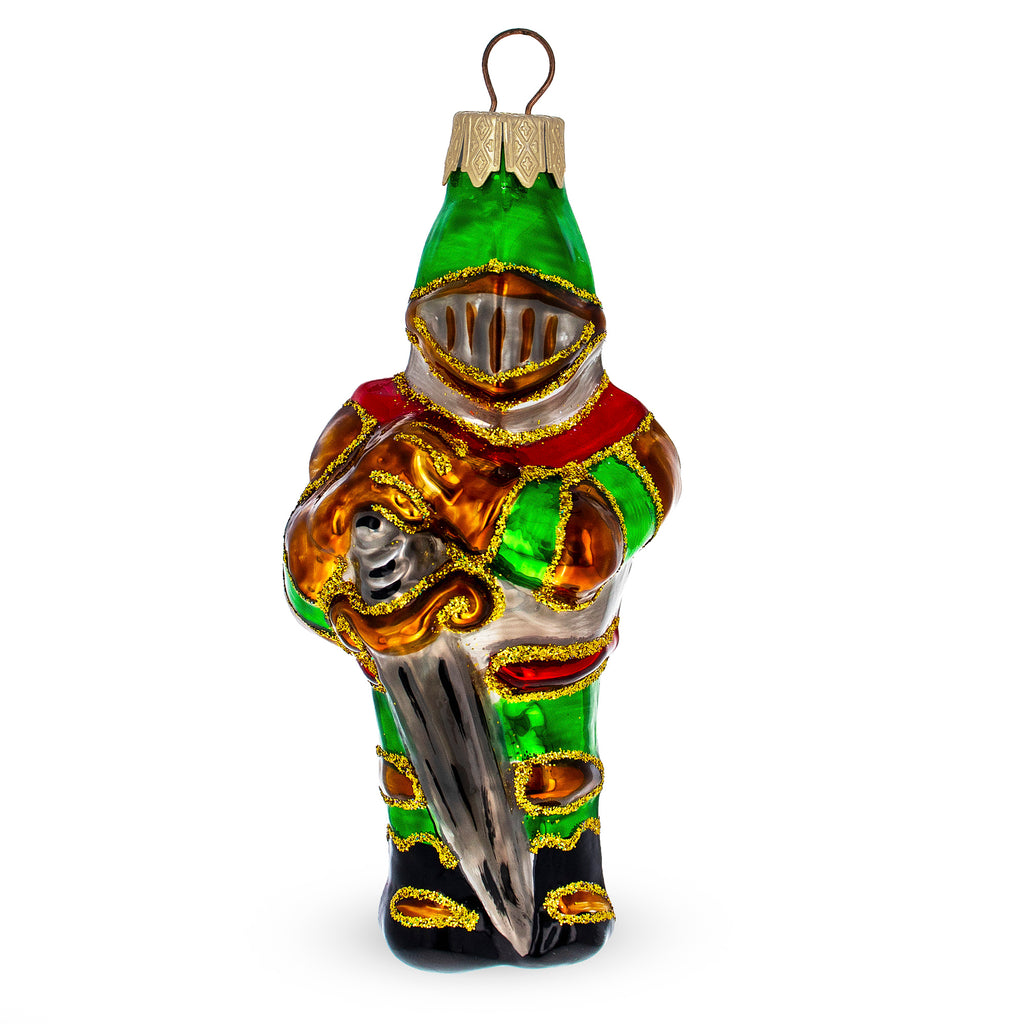 Medieval Armored Knight in Full Plate Glass Christmas Ornament in Green color Figurine