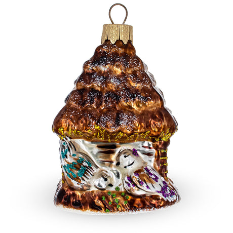 Birds Nestled in a Birdhouse Glass Christmas Ornament in Brown color,  shape