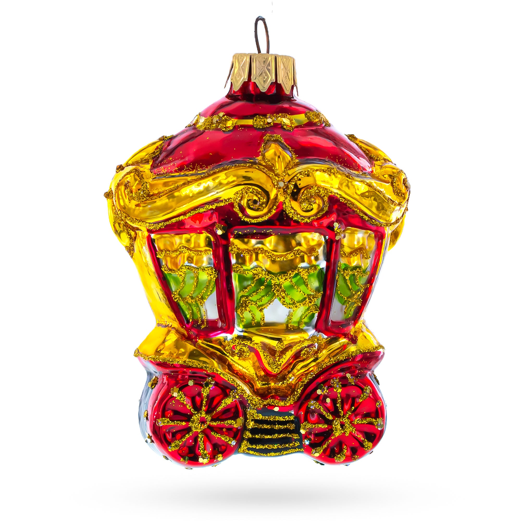 Glittered Royal Coach Glass Christmas Ornament in Gold color Figurine
