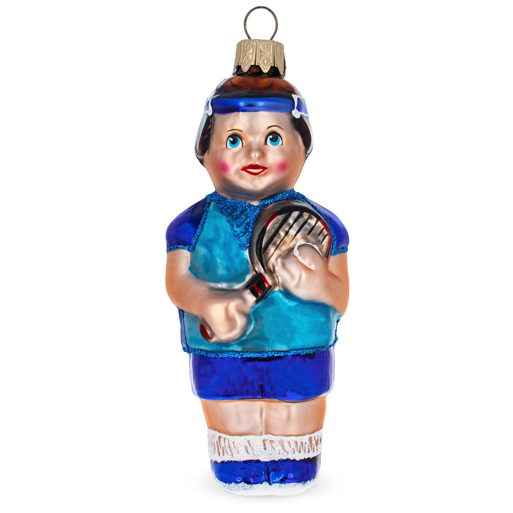 Glass Tennis Player Glass Christmas Ornament in Blue color