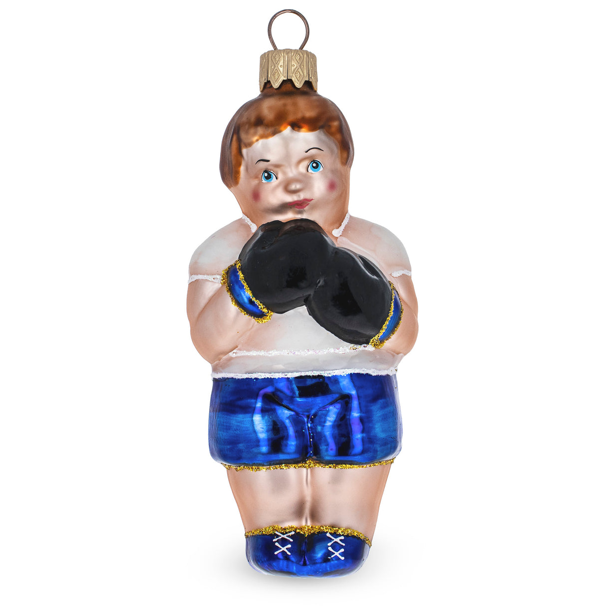 Boxer in Blue Costume Glass Christmas Ornament in Orange color,  shape