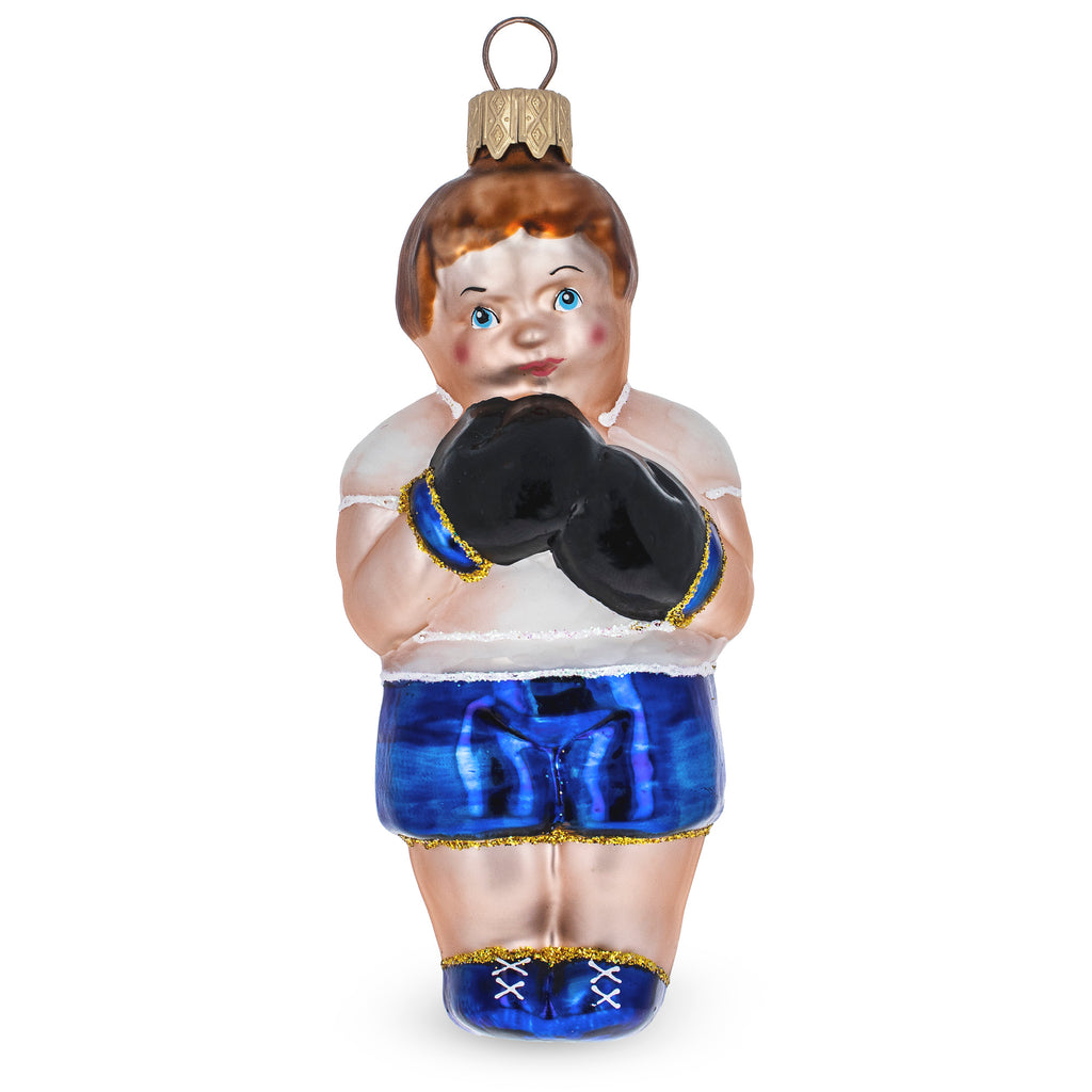 Boxer in Blue Costume Glass Christmas Ornament in Orange color Figurine