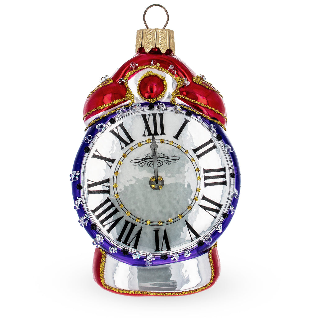 Vintage Style Alarm Clock Glass Christmas Ornament in Silver color Figurine