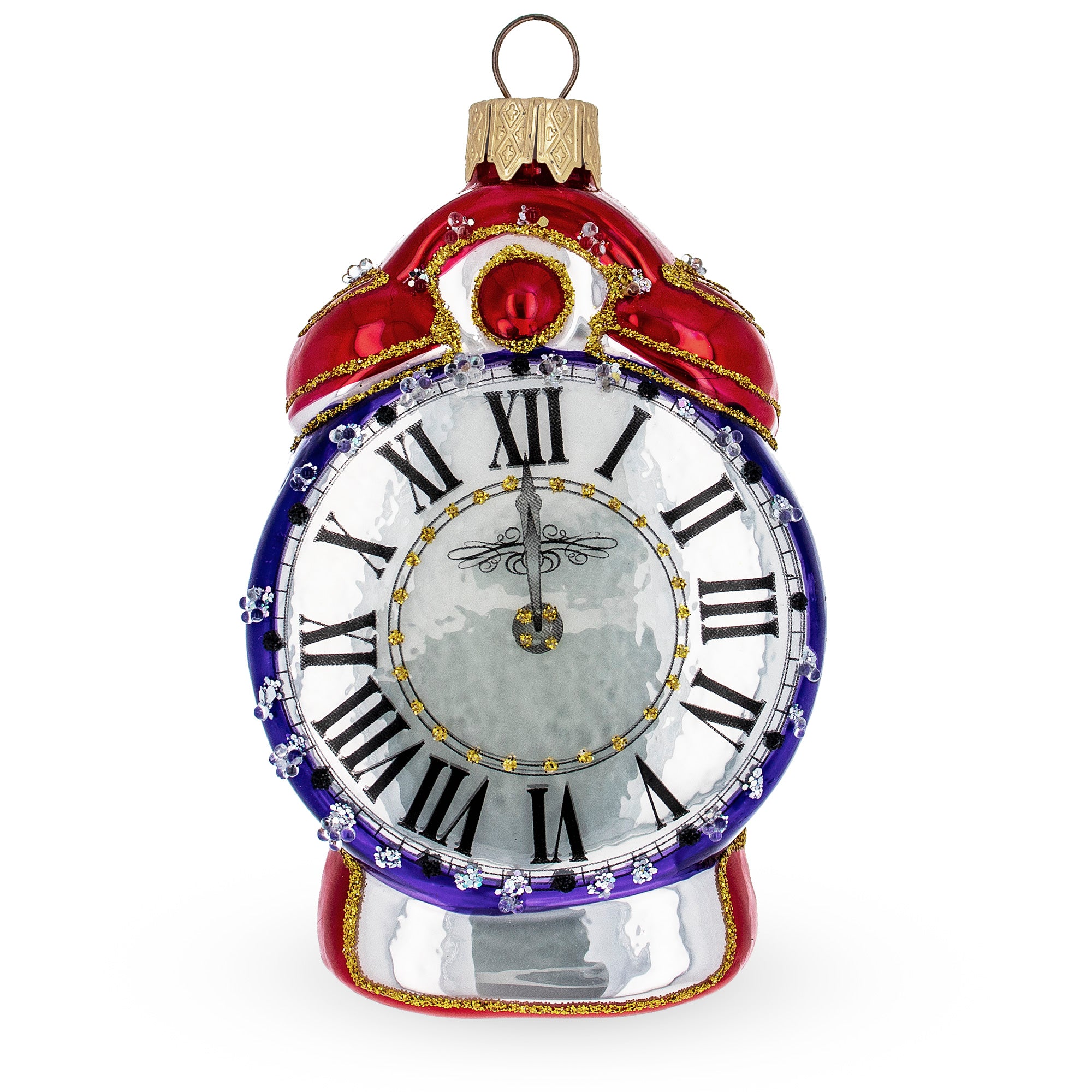 Vintage Style Alarm Clock Glass Christmas Ornament in Silver color Figurine