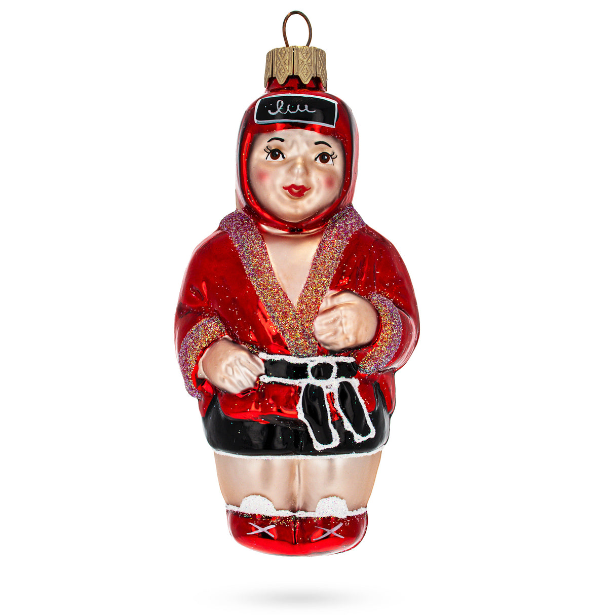 Martial Arts Wrestler in Red Costume Glass Christmas Ornament in Red color,  shape