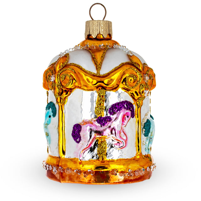 Golden Carousel Glass Christmas Ornament in White color