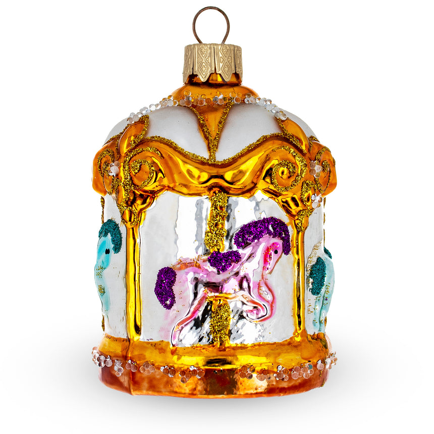 Golden Carousel Glass Christmas Ornament in White color