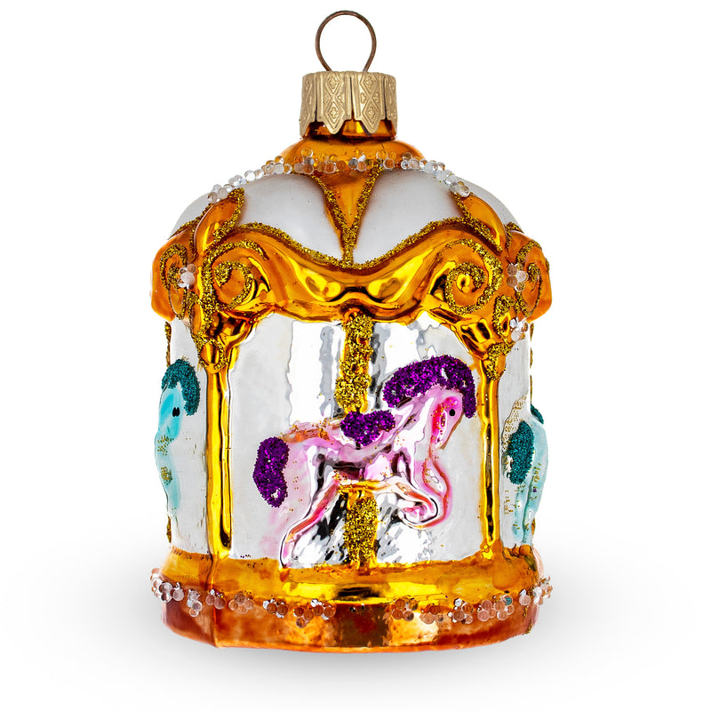 Golden Carousel Glass Christmas Ornament in White color,  shape
