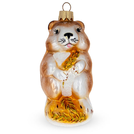 Glass Hamster with Wheat Glass Christmas Ornament in Gold color