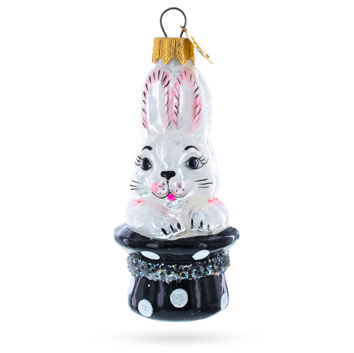 Rabbit In Magician Hat Glass Christmas Ornament in White color,  shape