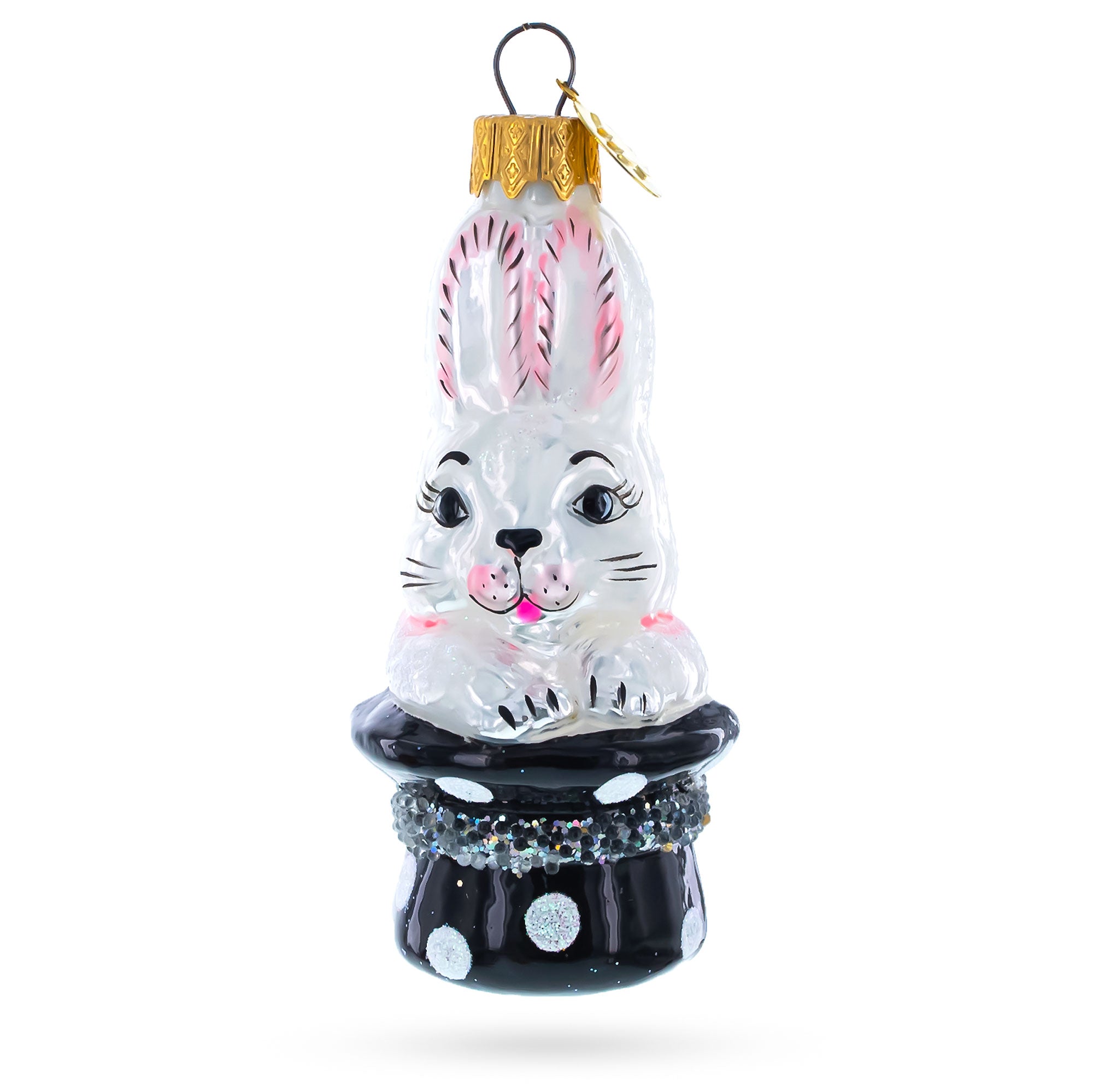 Rabbit In Magician Hat Glass Christmas Ornament in White color Figurine