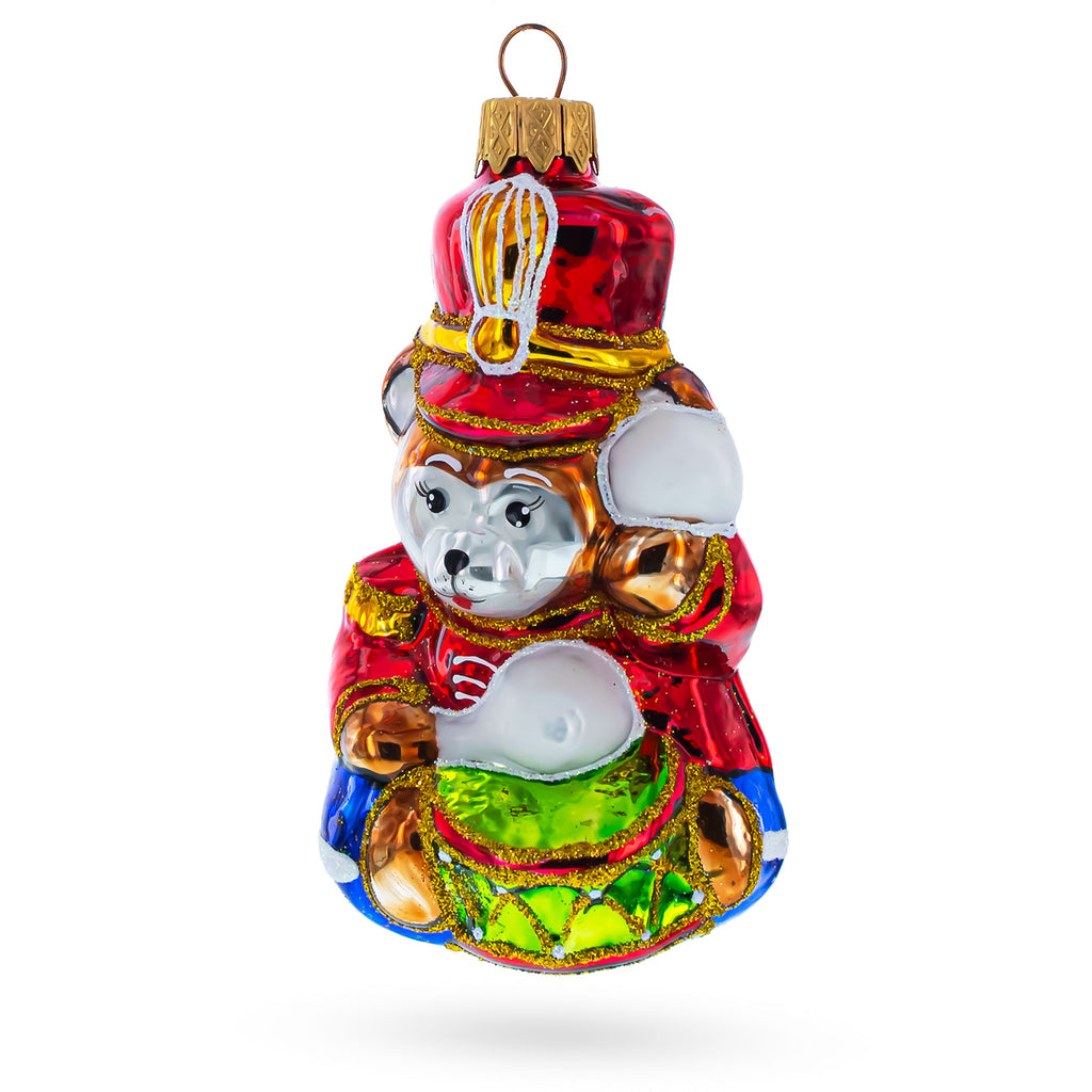 Bear Cub Drummer Glass Christmas Ornament in Red color Figurine
