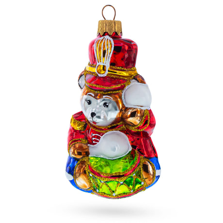 Bear Cub Drummer Glass Christmas Ornament in Multi color