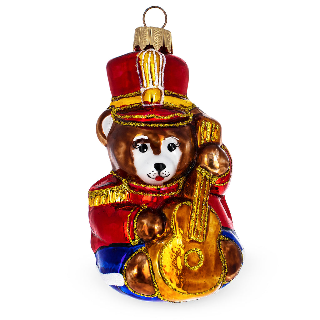Teddy Bear Soldier with Guitar Glass Christmas Ornament in Red color Figurine