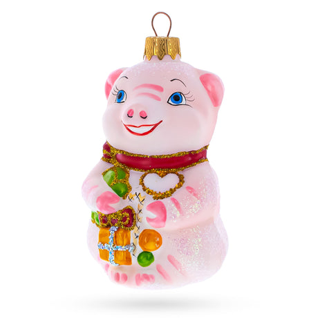Happy Pig with Gifts Glass Christmas Ornament in Pink color,  shape