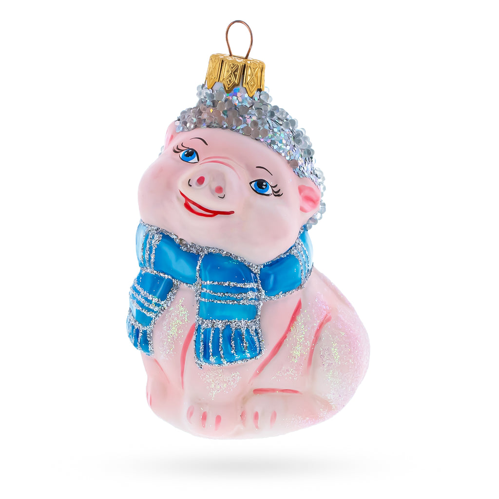 Happy Piglet with Blue Scarf Glass Christmas Ornament in Pink color Figurine