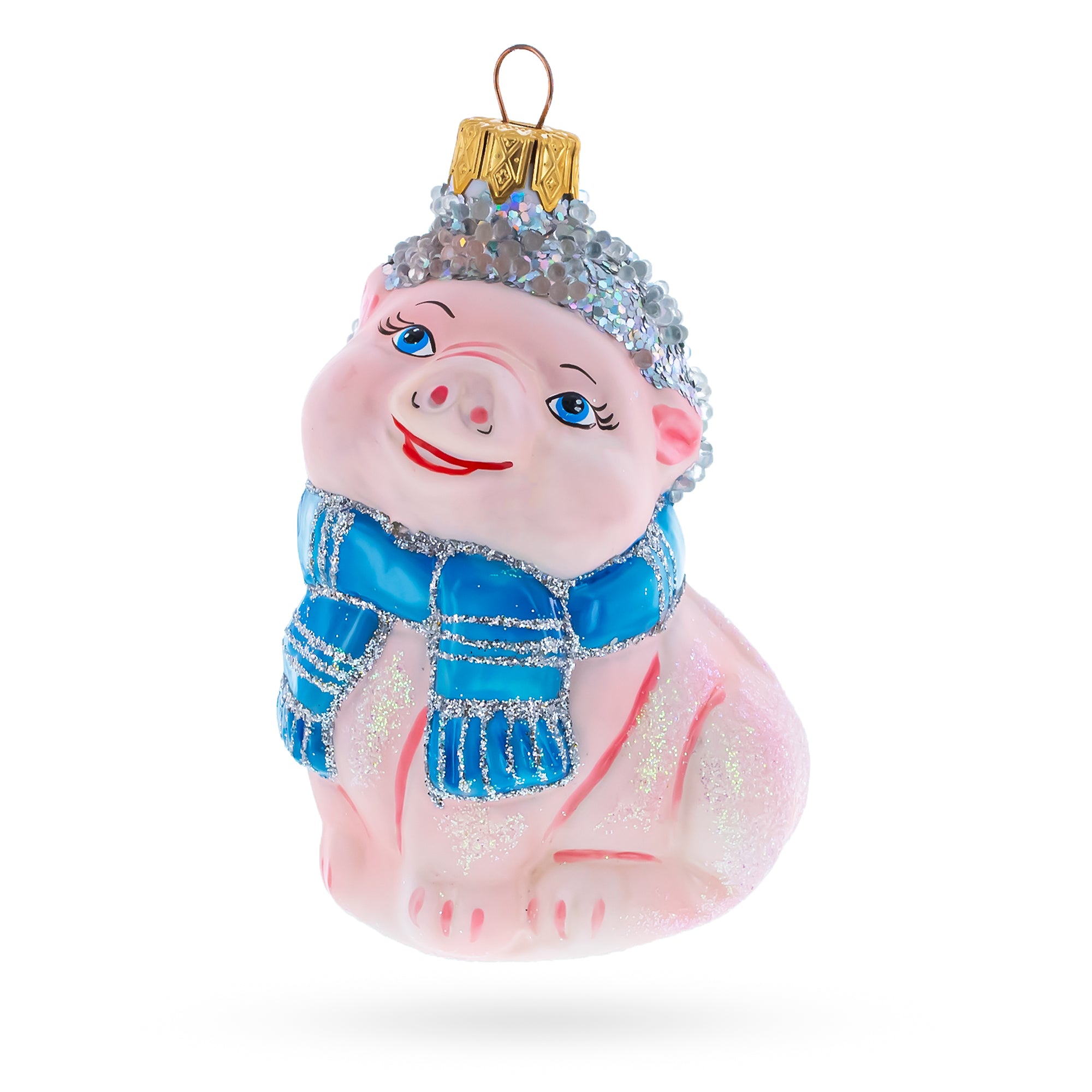 Happy Piglet with Blue Scarf Glass Christmas Ornament in Pink color Figurine
