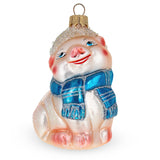 Happy Piglet with Blue Scarf Glass Christmas Ornament in Pink color,  shape