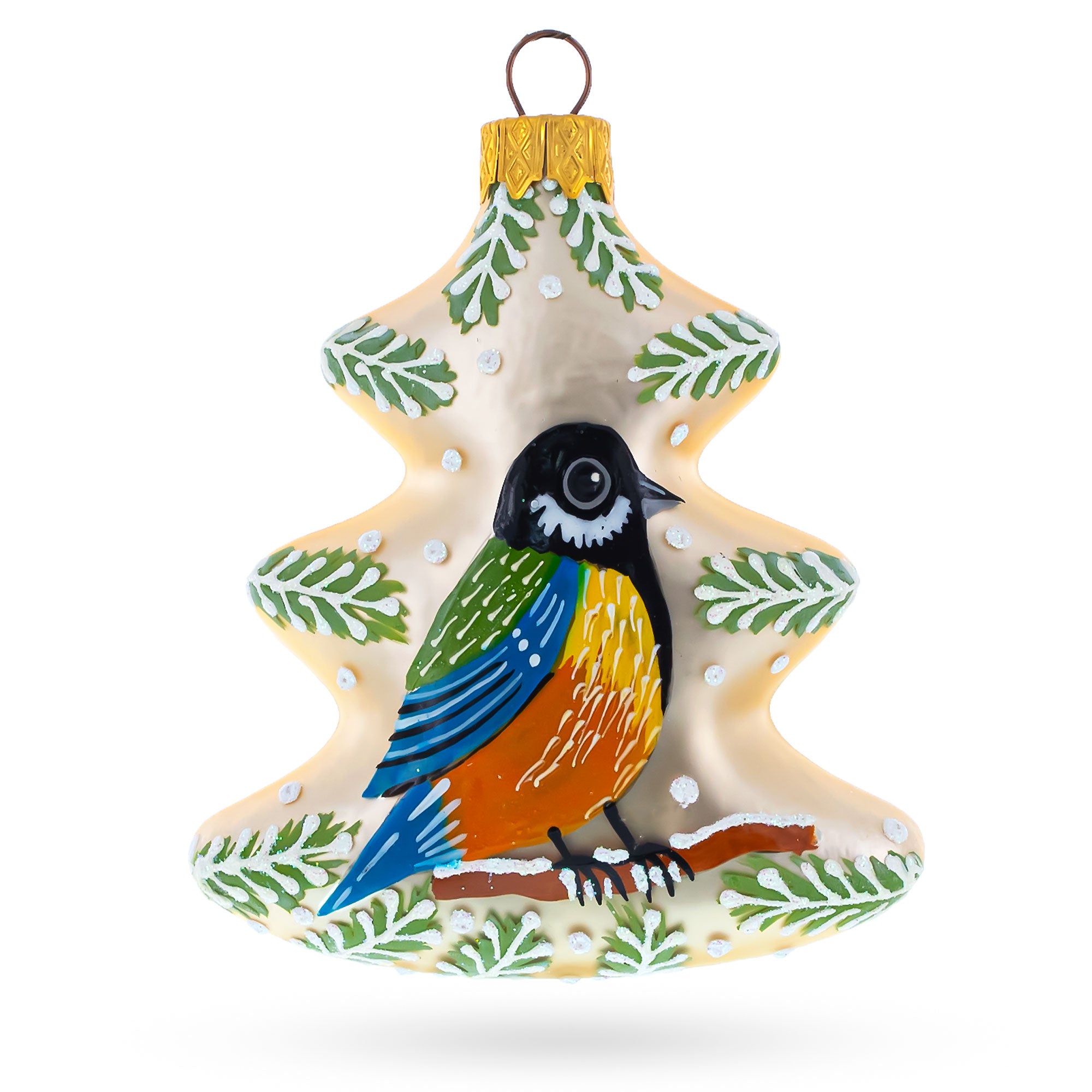 Winter Pine Tree with Songbird Glass Christmas Ornament in Ivory color Figurine