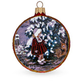 Vintage Style Girl and the Deer Decoupage Glass Christmas Ornament in Multi color, Round shape
