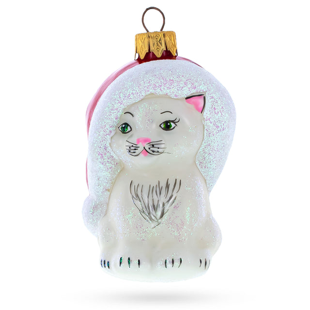 Glass White Cat In Santa Hat Glass Christmas Ornament in White color