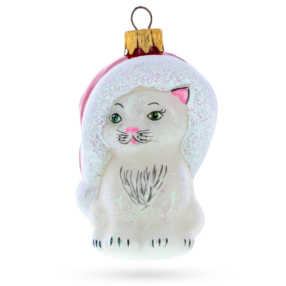 White Cat In Santa Hat Glass Christmas Ornament in White color,  shape