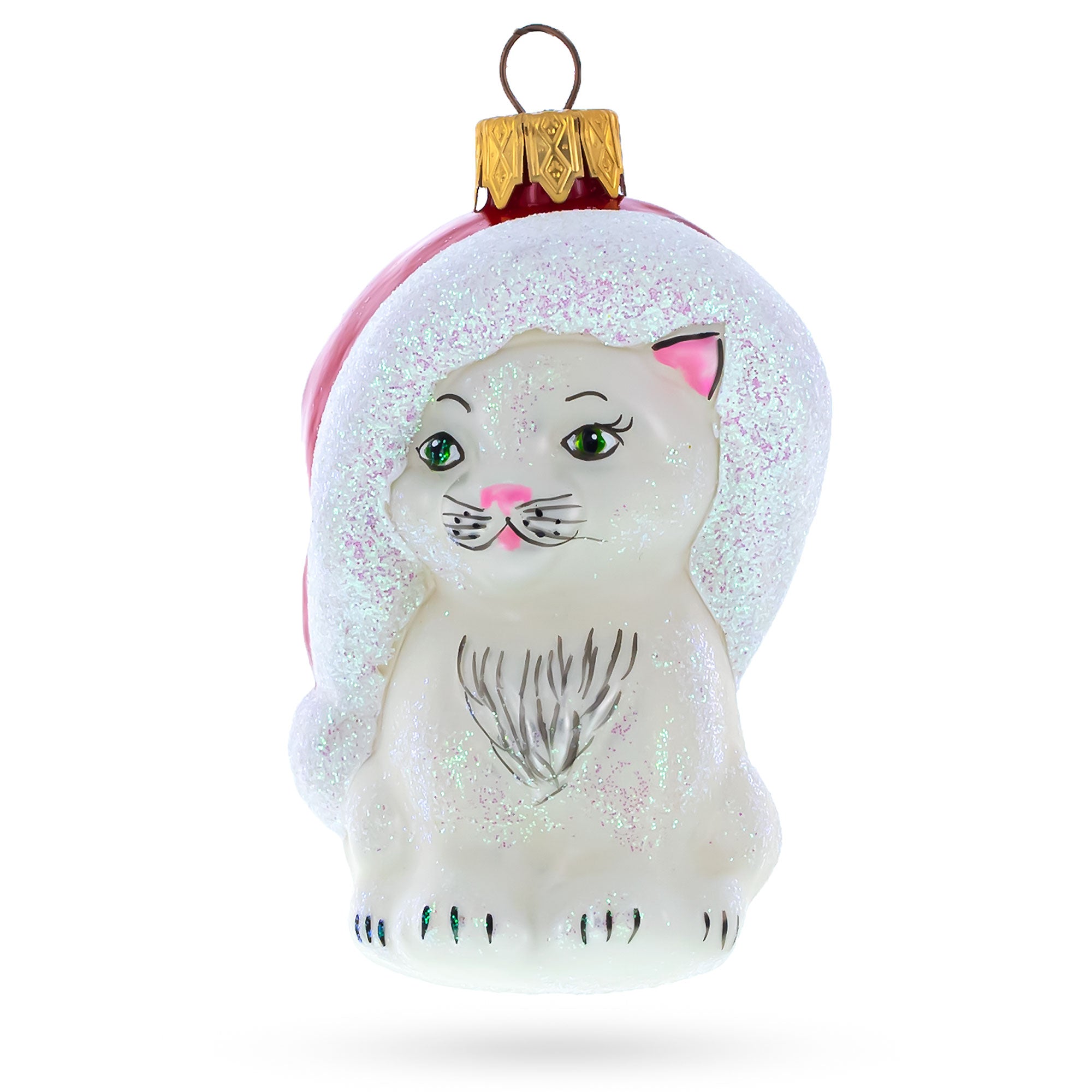 White Cat In Santa Hat Glass Christmas Ornament in White color Figurine