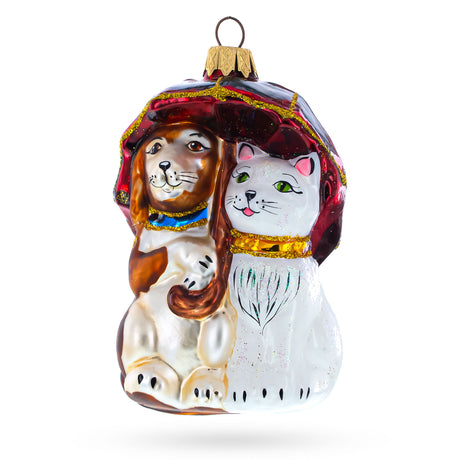 Dog and Cat Under Umbrella Glass Christmas Ornament in White color,  shape
