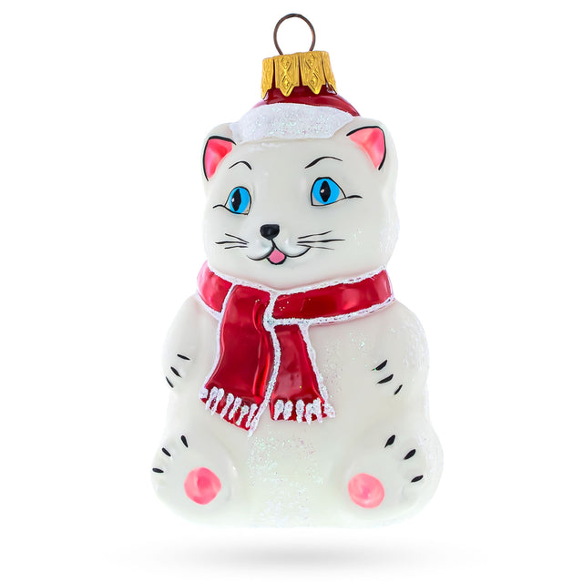 White Cat Wearing Red Scarf Glass Christmas Ornament in White color,  shape