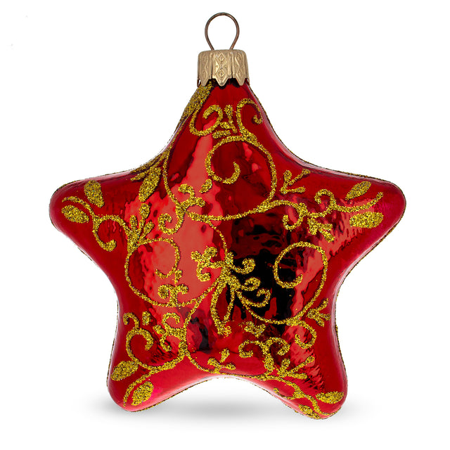 Glossy Red Star with Gold Pattern Glass Christmas Ornament in Red color Star