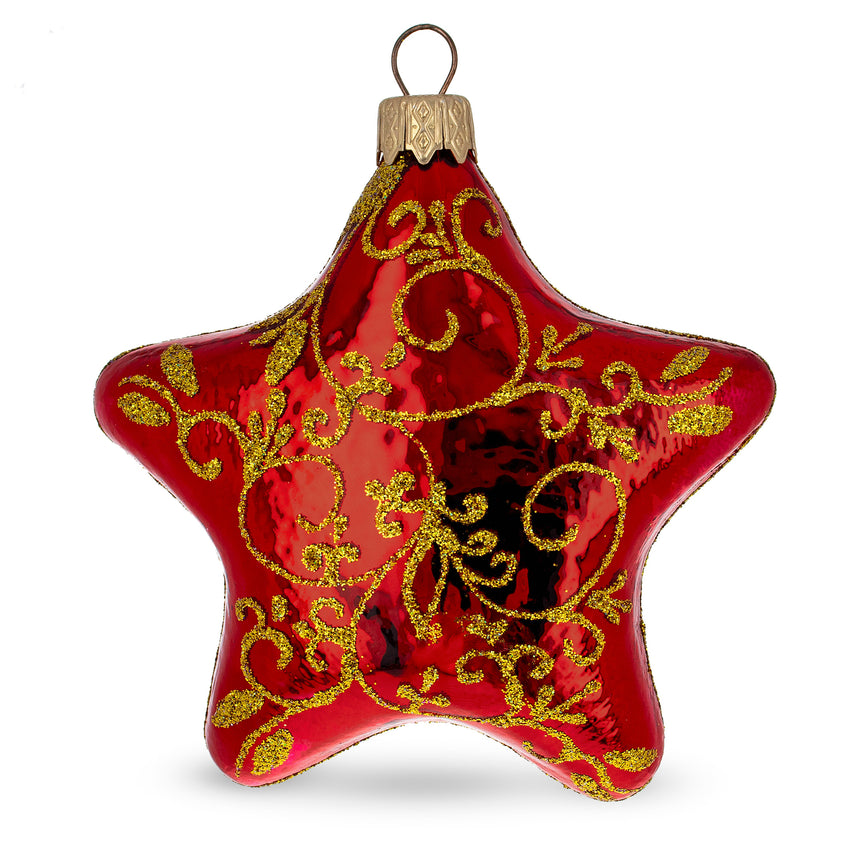 Glossy Red Star with Gold Pattern Glass Christmas Ornament in Red color Star