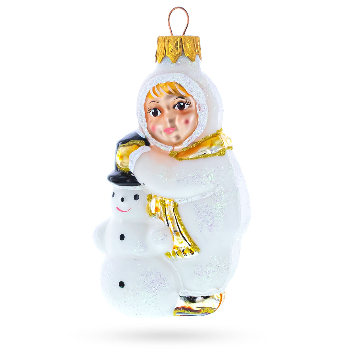 Toddler Hugging Snowman Glass Christmas Ornament in White color,  shape