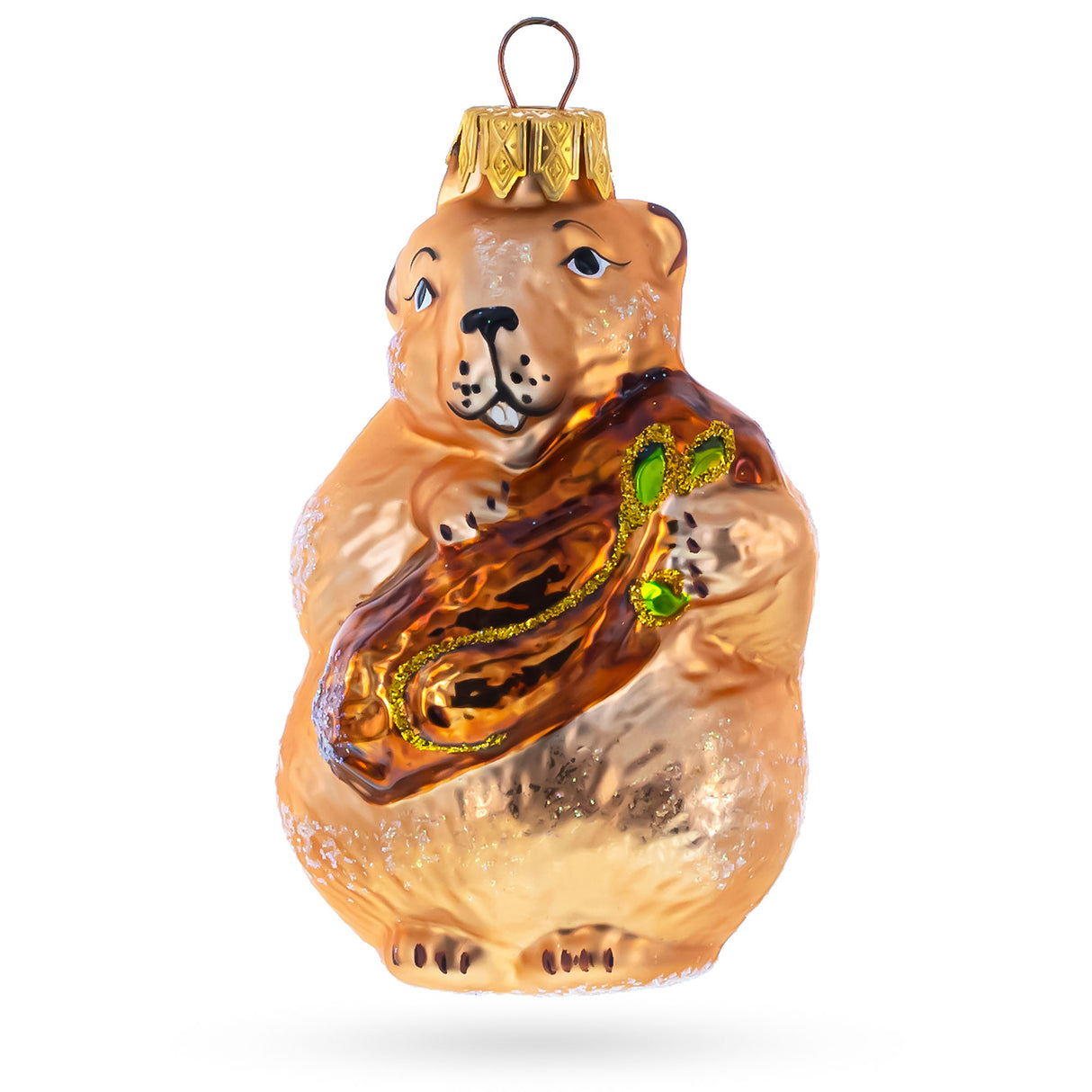 Otter Holding a Log Glass Christmas Ornament in Brown color,  shape