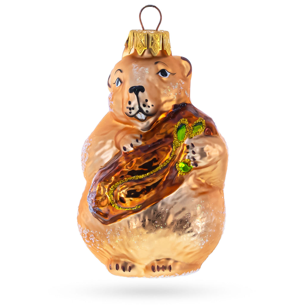 Otter Holding a Log Glass Christmas Ornament in Brown color Figurine
