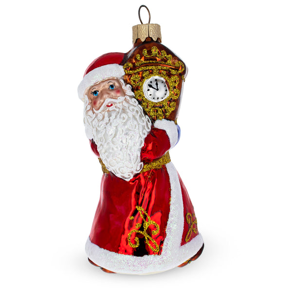 Santa with Clock Glass  Christmas Ornament in Red color,  shape
