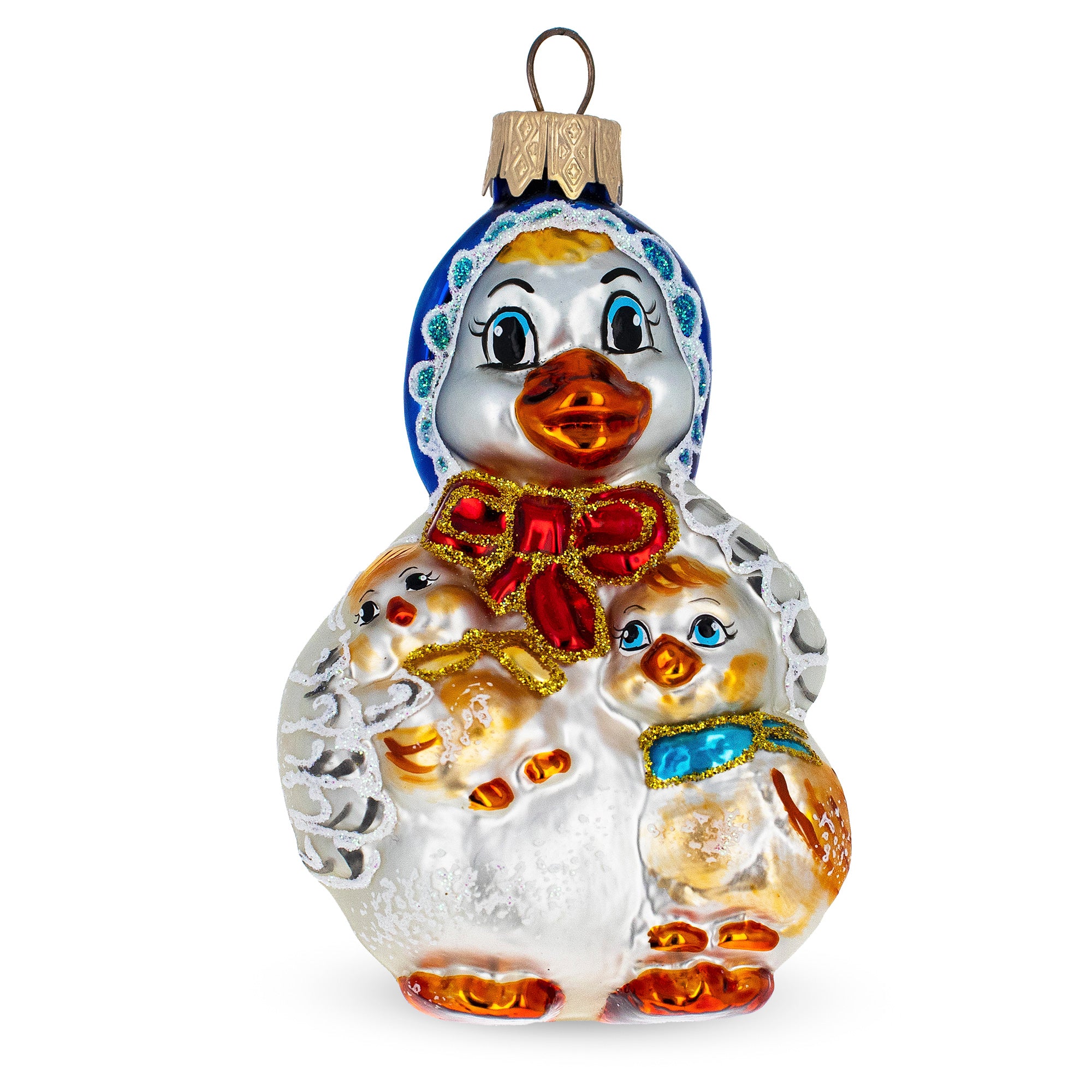 Mother Goose with Ducklings Glass Christmas Ornament in White color Figurine