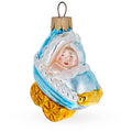 Newborn Baby Boy in a Stroller Glass Christmas Ornament in Blue color Figurine