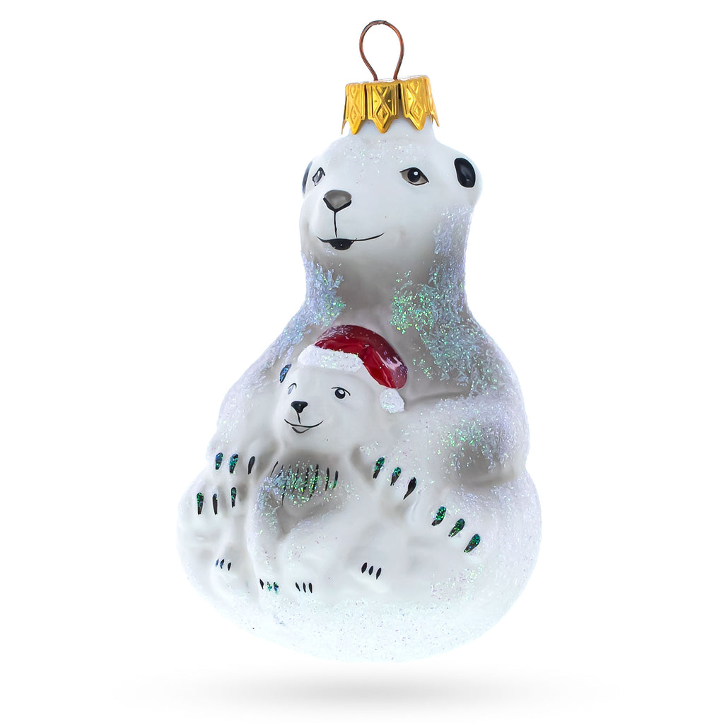 Mother Bear with Cub Glass Christmas Ornament in White color Figurine